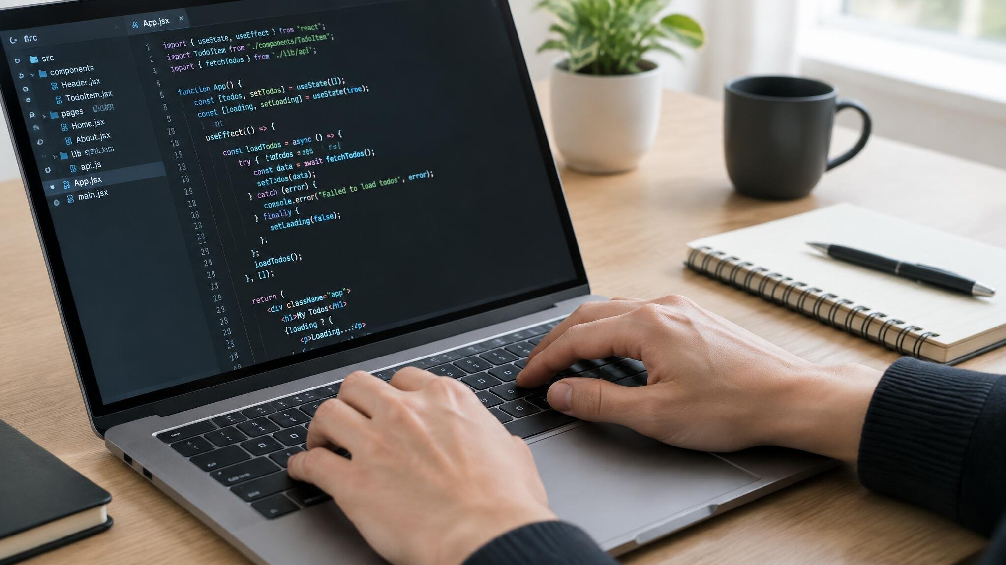 Hands typing on a laptop showing a code editor